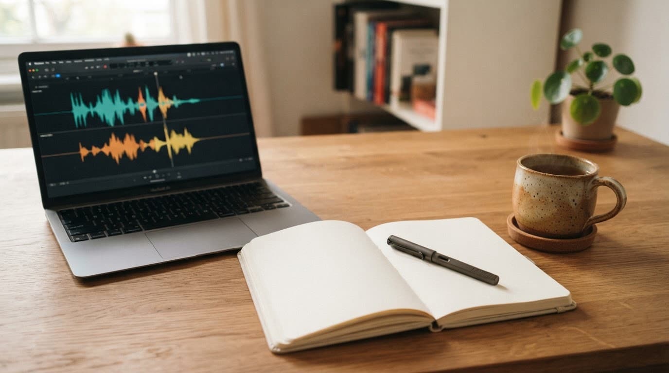 ChinesePod vs Maayot: Which Builds Better Daily Listening? 2 A cozy desk with a notebook, tea mug, and laptop showing audio waves.