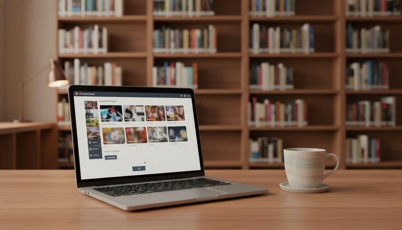LingQ vs Readlang in 2026: Which Is Better for Reading Practice? 3 Laptop on desk in library with bookshelves displays grid of book and podcast thumbnails, coffee mug and lamp nearby.
