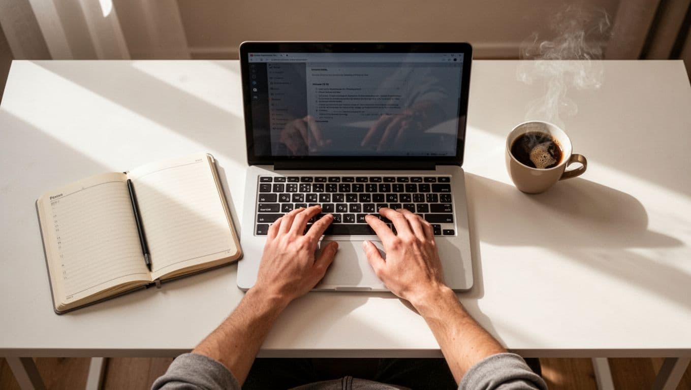 Best Norwegian Learning Apps for Serious Study in 2026 2 A top-down view shows a clean desk featuring an open laptop, a detailed notebook for language practice, and a steaming coffee mug. Soft natural light illuminates the minimalist workspace surfaces perfectly.