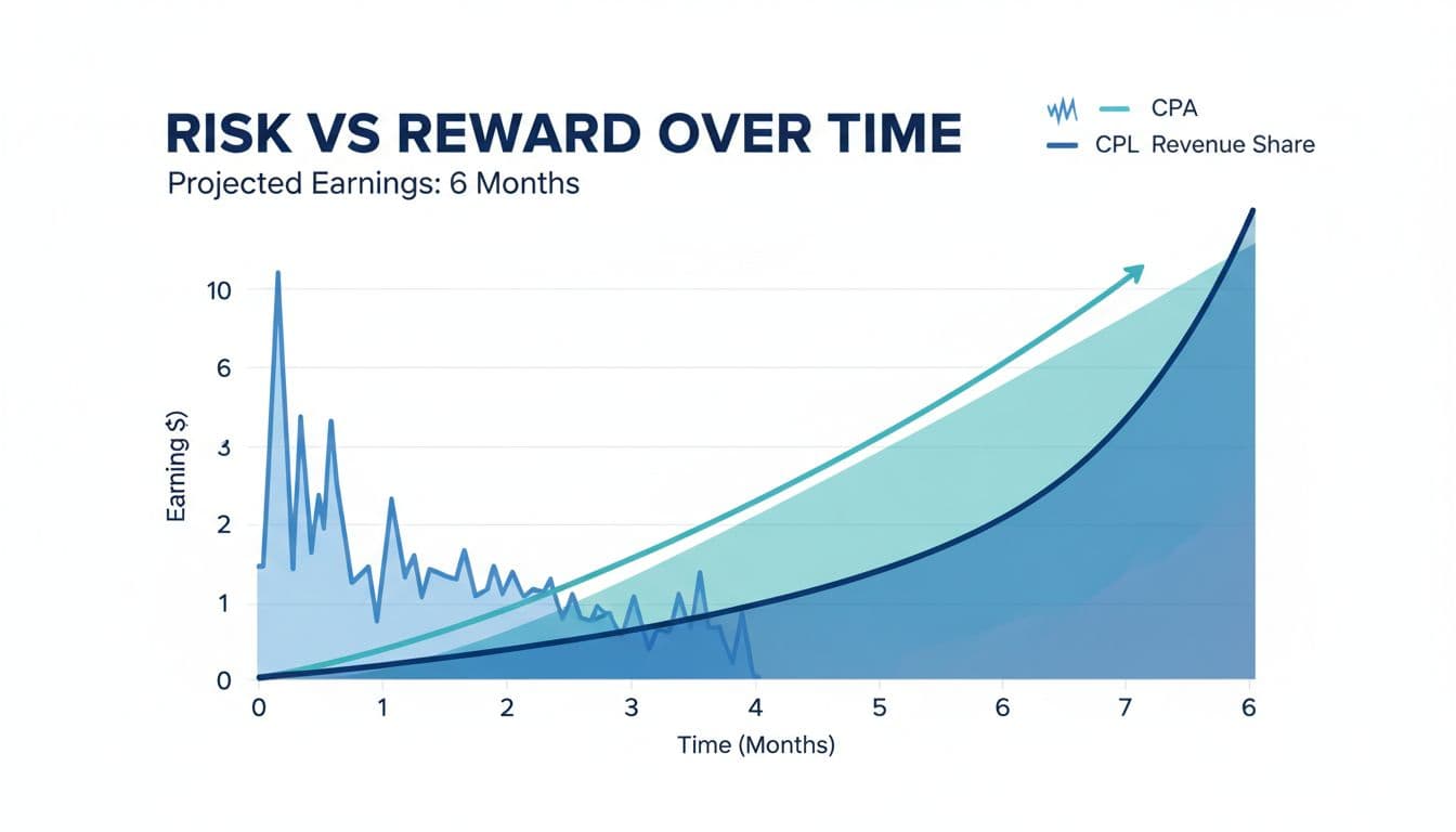Modern flat vector illustration featuring a line chart comparing CPA (spiky front-loaded), CPL (steady), and Revenue Share (compounding curve) earnings over 6 months in a clean fintech/SaaS style with teal/blue accents on white background.