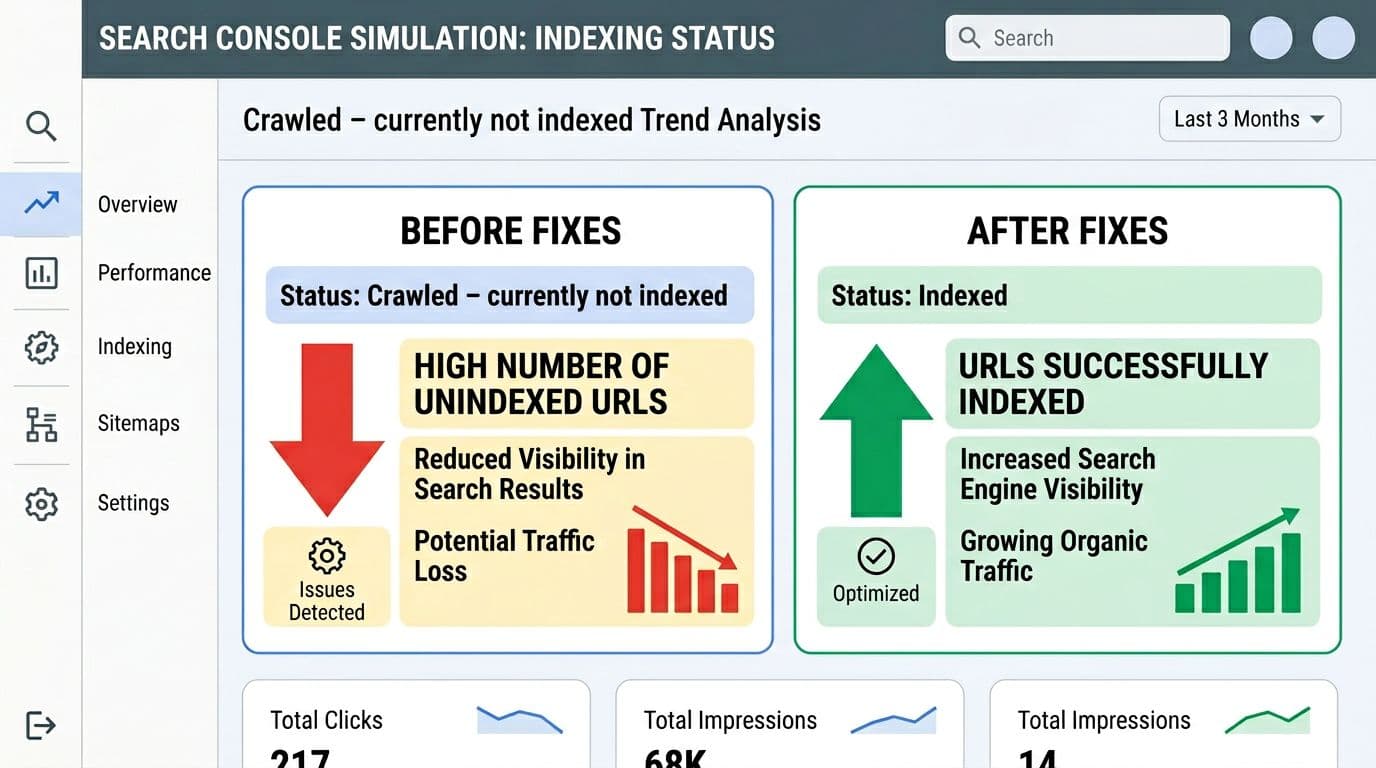Simplified dashboard showing crawled not indexed improving after fixes.