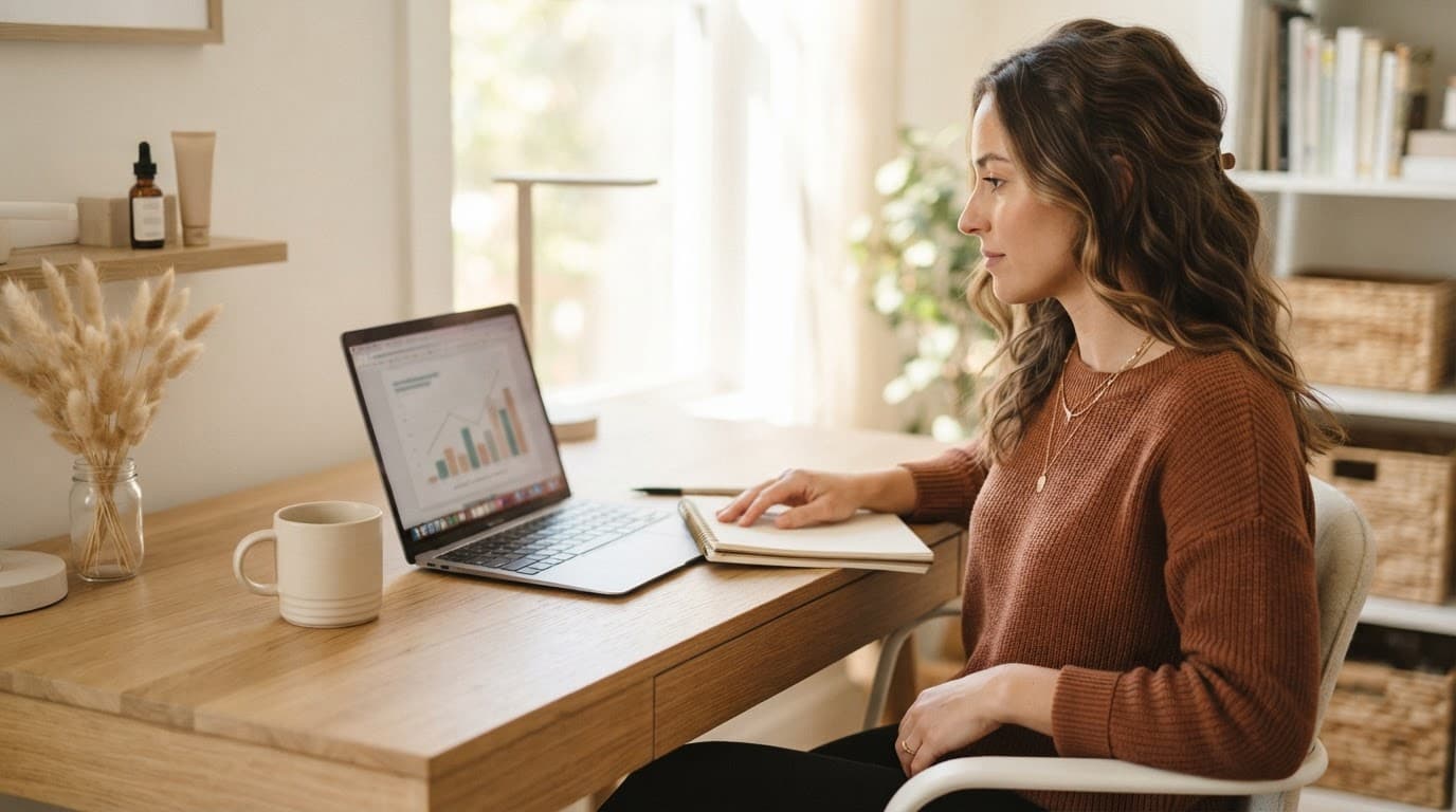 A creator reviews an analytics chart beside a notebook and coffee in a bright home office.