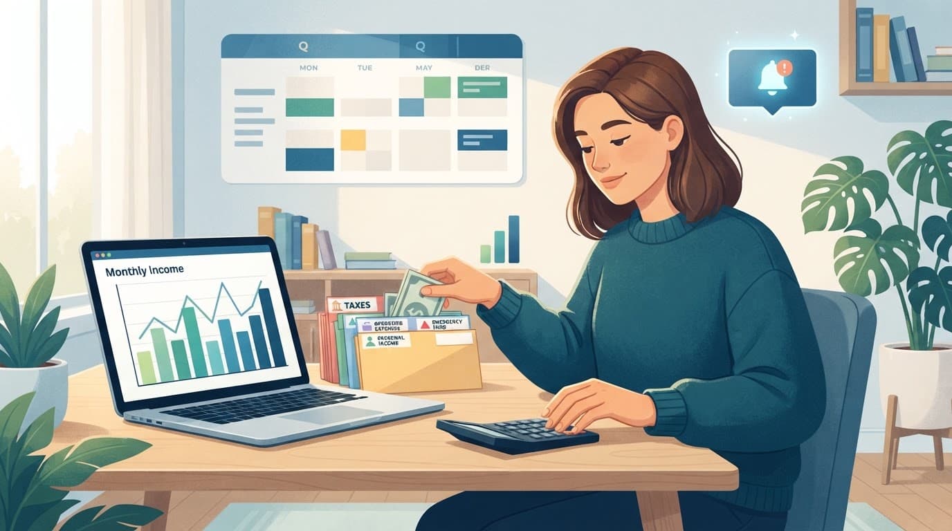 A creator reviews uneven income bars beside a laptop, calculator, and colored savings blocks.