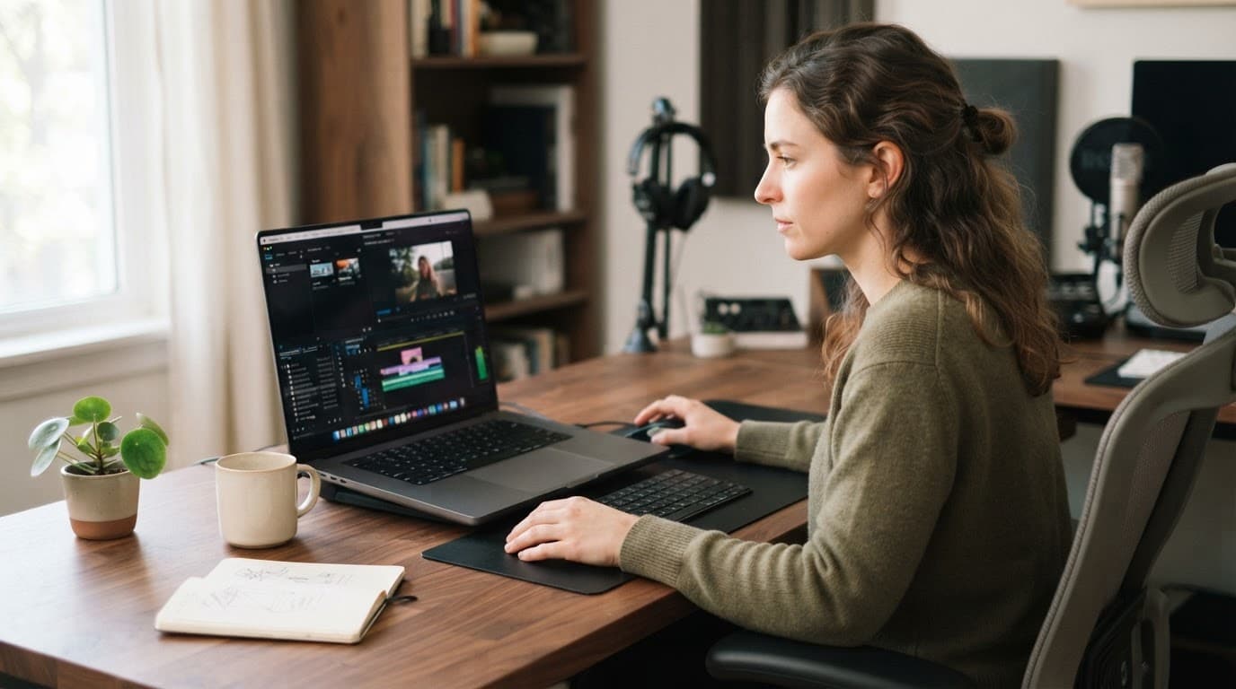 A creator edits video on a laptop at a clean wooden desk.