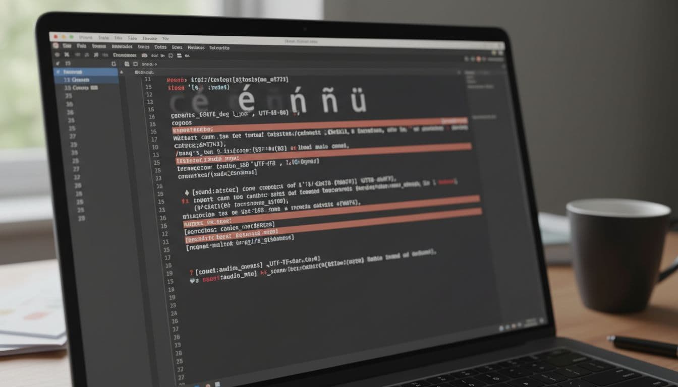 Close-up of CSV file open in laptop text editor highlighting comma issues, UTF-8 characters, line breaks, and audio links on desk with coffee mug.