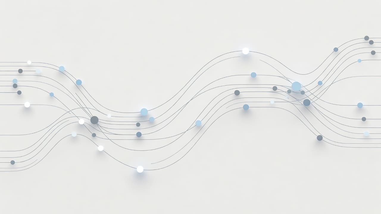 Interconnected glowing nodes form a complex web structure representing marketing touchpoints. Soft, professional lighting illuminates the minimalist pathways, illustrating how diverse consumer interactions flow toward a final conversion point in digital marketing.