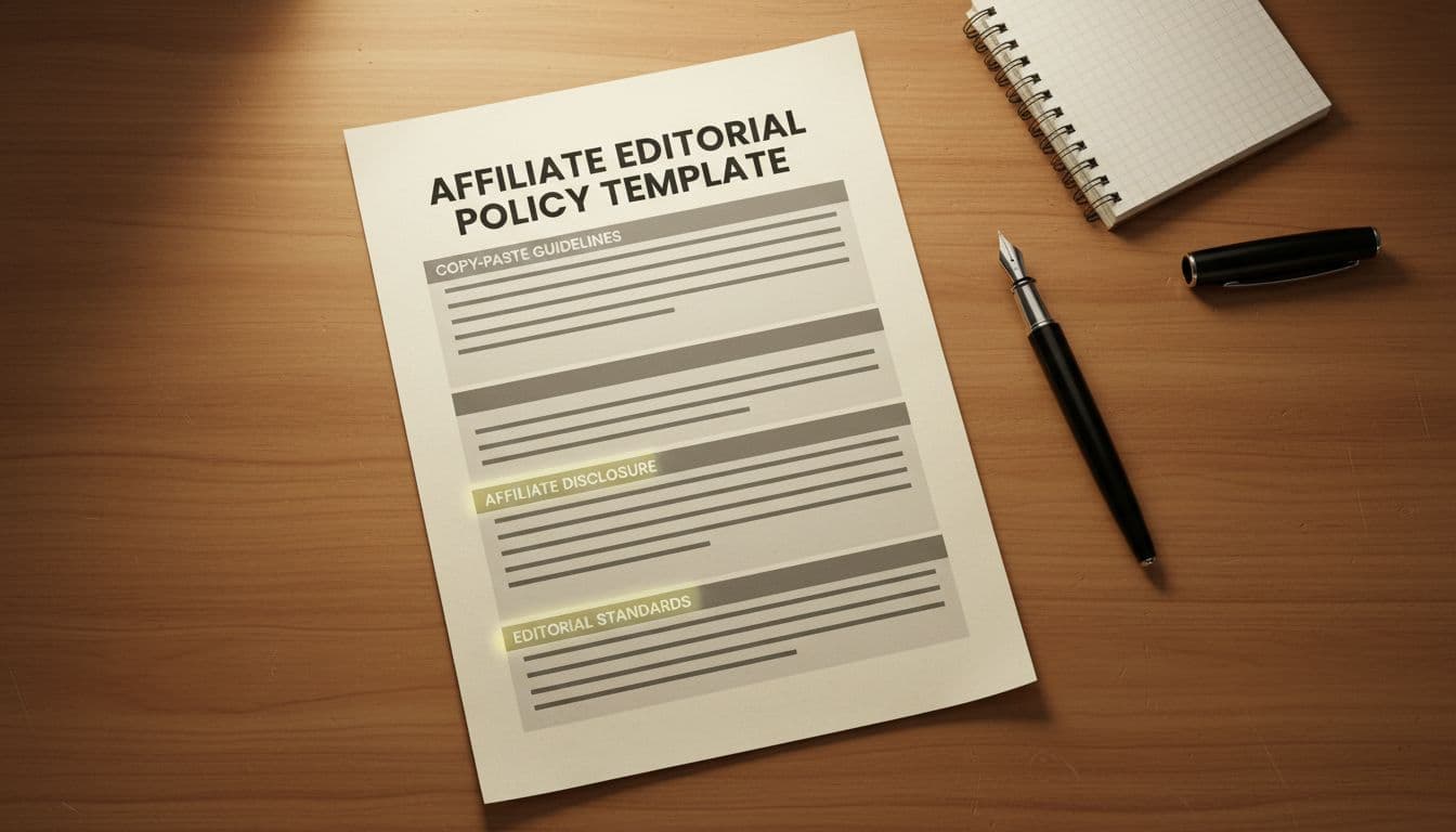 Simple illustration of a customizable document template on a wooden desk with pen and notepad highlighting policy sections. Warm ambient lighting in a top-down realistic style with no people or readable text.