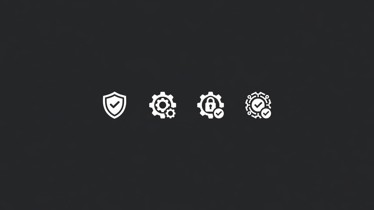 Four minimalist circular badges are arranged in a horizontal row against a solid background. These high-contrast graphic symbols represent professional security certifications using simple, abstract geometric shapes and clean, sharp lines.