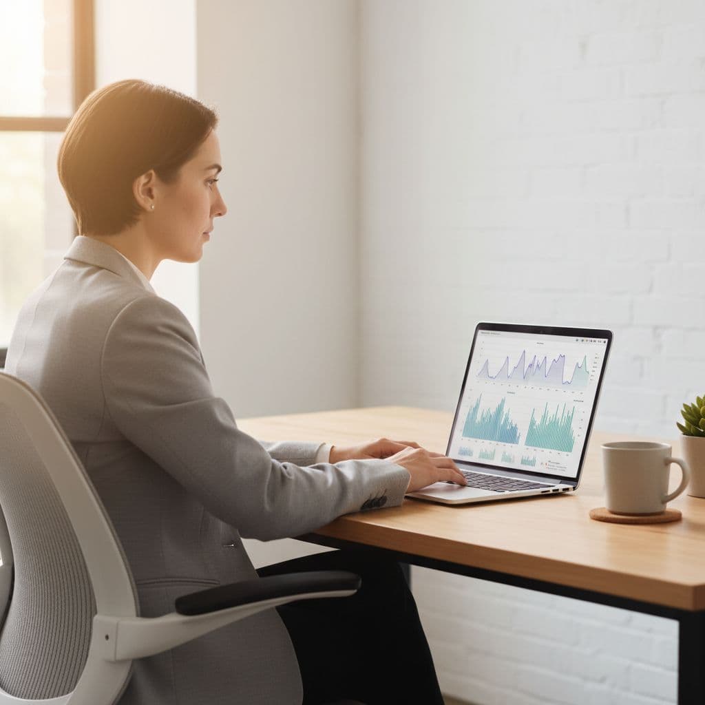 A focused professional sits at a wooden desk viewing abstract data charts and conversion graphs on a laptop screen. Soft sunlight illuminates the clean, organized office space from the side.
