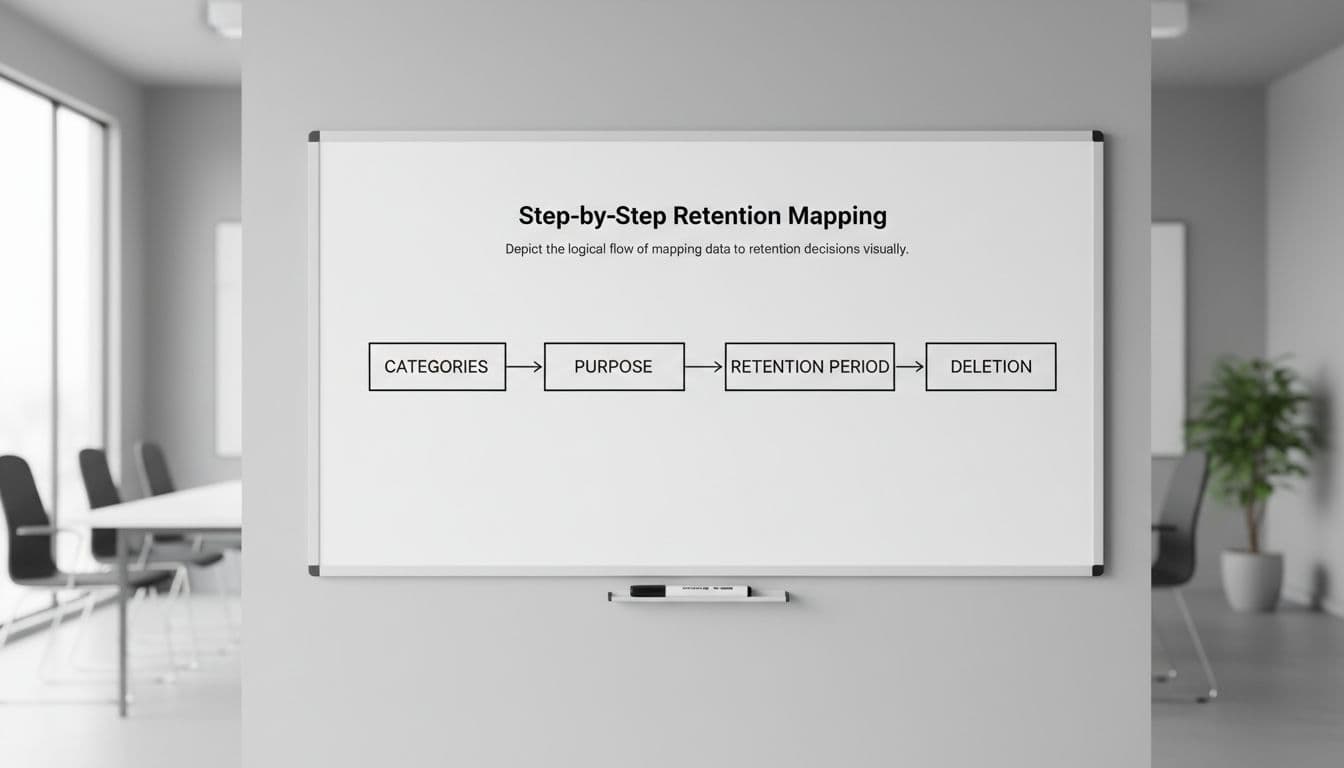 Illustration of a simple flowchart on a whiteboard in a modern office meeting room, showing data retention steps from categories to purpose to retention period to deletion. Minimalist style with soft lighting, one whiteboard and one marker, no people, no text or extra objects.