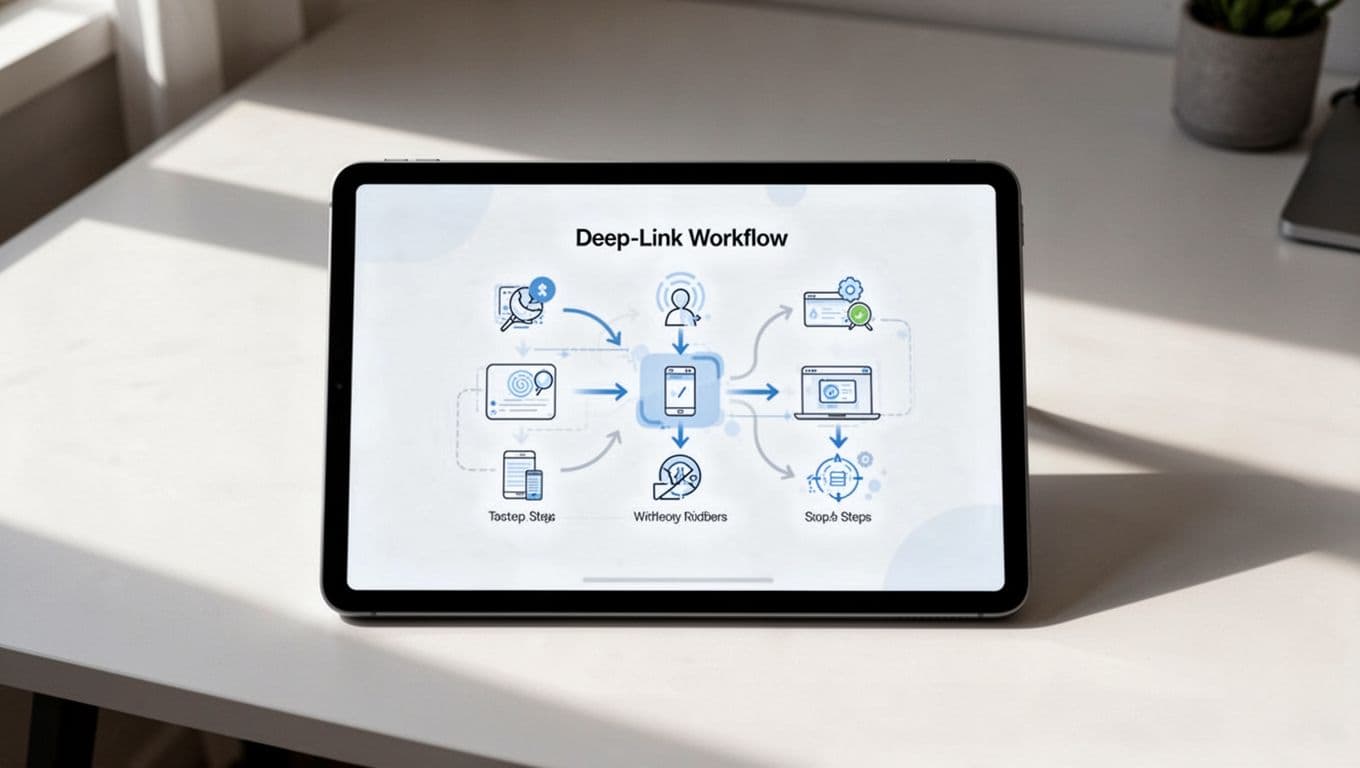 Clean professional diagram showing the deep link workflow from affiliate site to product page with tracking parameters, centered on a digital tablet in a simple workspace.