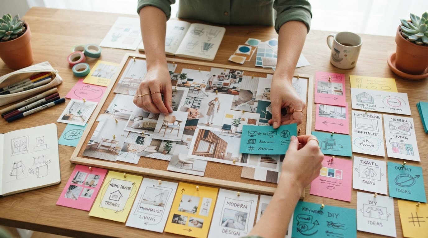 Designer arranging colorful mood boards and content cards on a wooden desk.