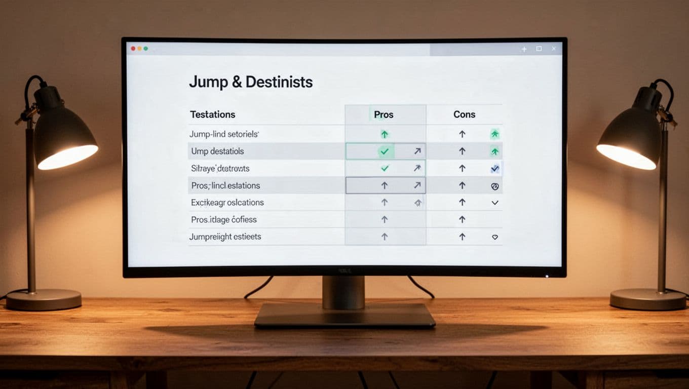 Blog post interface on a desktop monitor featuring jump links in a comparison table section, highlighting affiliate product links in pros and cons columns. Wide screen view in a wooden desk setting with warm lamp light, focused on the table area.
