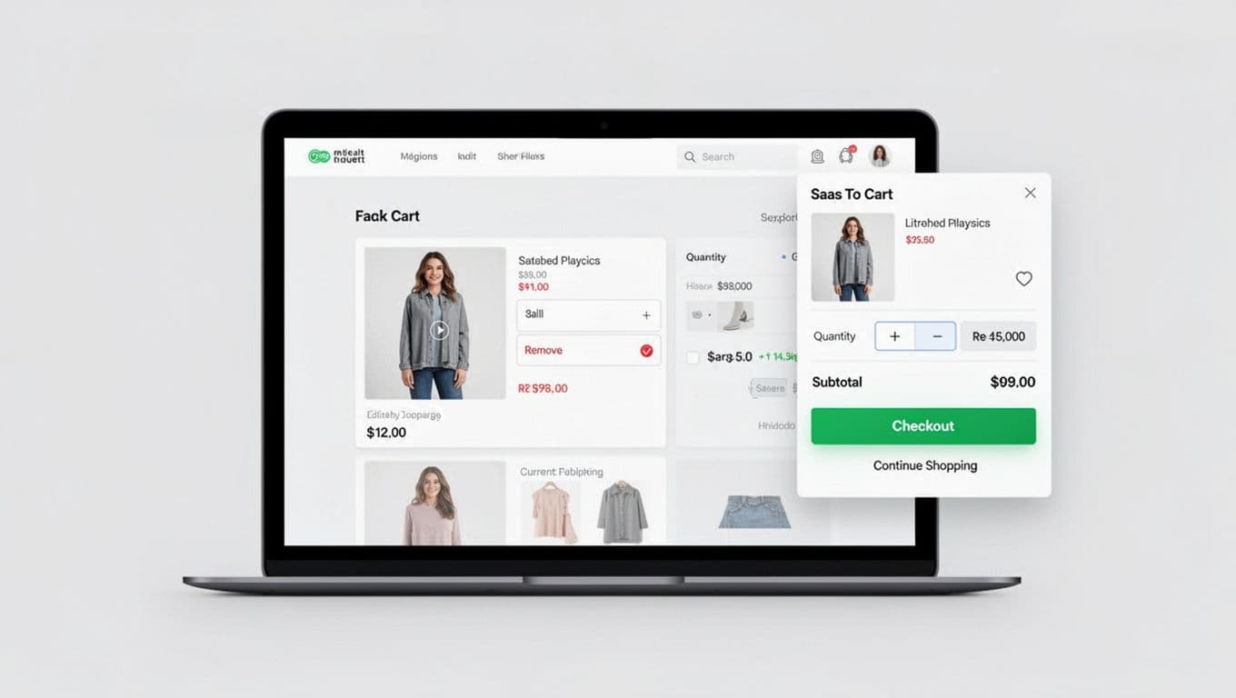 Clean professional UI/UX illustration of a desktop e-commerce site where a user adds a product to cart, triggering the cart drawer to slide in from the right. The drawer displays a product thumbnail, editable quantity selector, remove icon, subtotal, green checkout button, and continue shopping link on a modern SaaS design.
