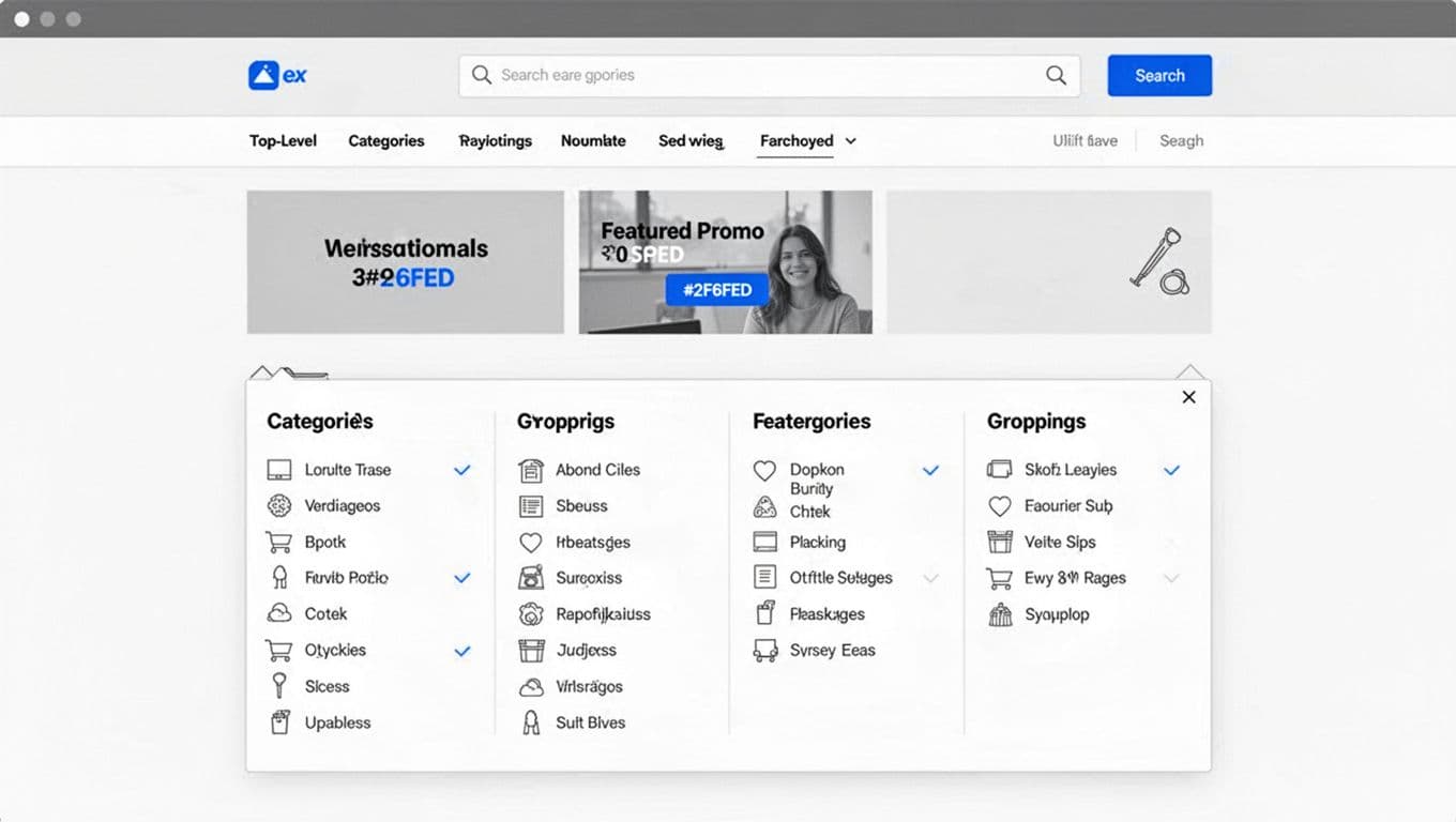 Clean UX wireframe illustration of a desktop e-commerce header with top-level categories, large mega menu dropdown in 3-4 columns, featured promo tile, icons, section headings, and search field in high-contrast grayscale with blue accent.