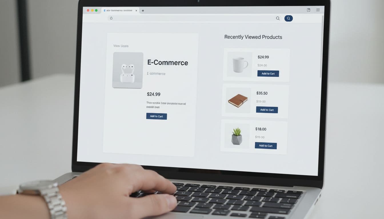 Desktop e-commerce website on a laptop screen showing a right sidebar with recently viewed products section displaying four product cards with images, prices, and small add-to-cart buttons. Clean modern UI in neutral whites grays blues, high contrast, ample whitespace.