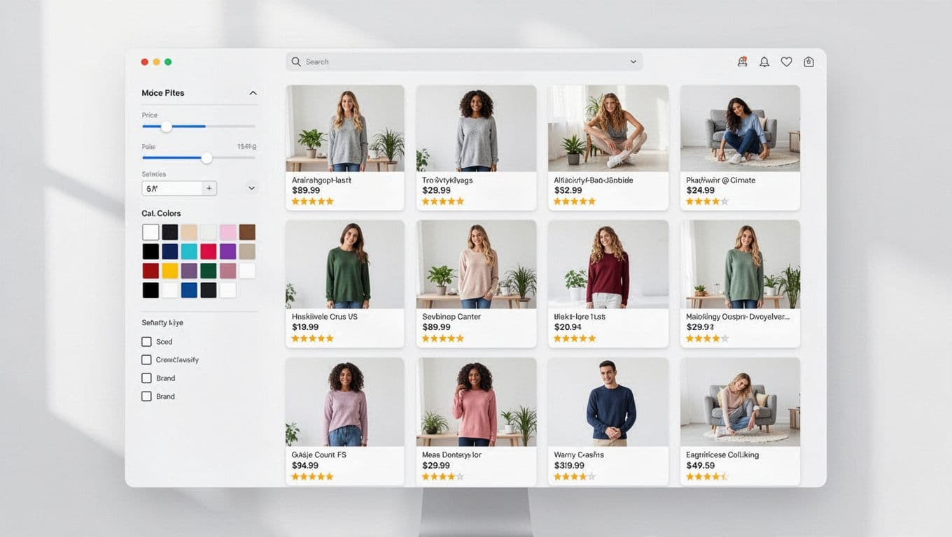 Desktop ecommerce search results page showing a grid of product cards with high-quality images, prices, star ratings; left sidebar with filters like price range sliders, color chips, brand checkboxes; clean modern UI on white background.