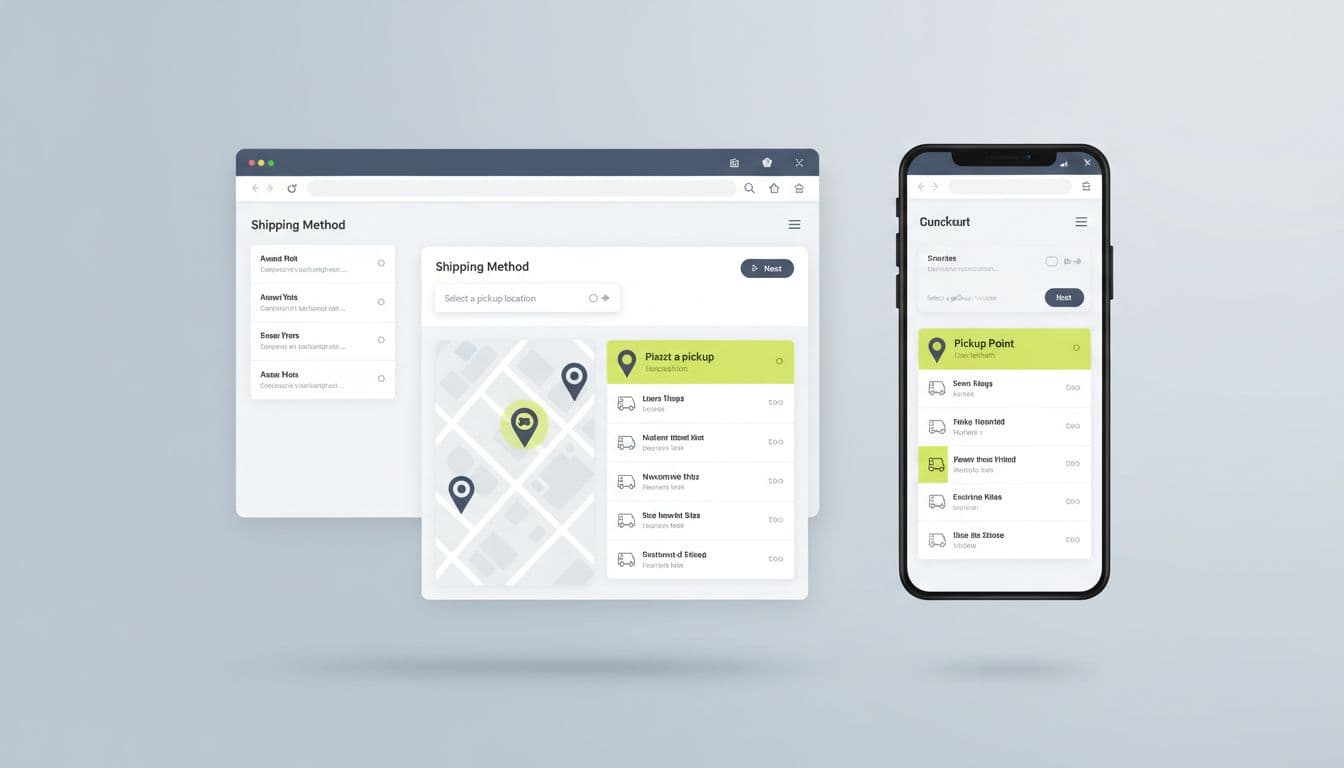 Side-by-side desktop and mobile e-commerce screens display expanded pickup selectors with maps, pins, and highlighted stores.