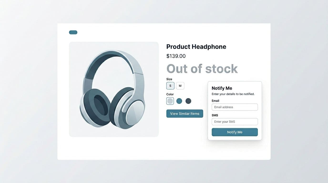 Clean modern flat vector illustration of an ecommerce product detail page in desktop view, featuring out-of-stock label, notify me form, size selectors, and view similar items button in enterprise SaaS aesthetic with neutral palette and teal accents.