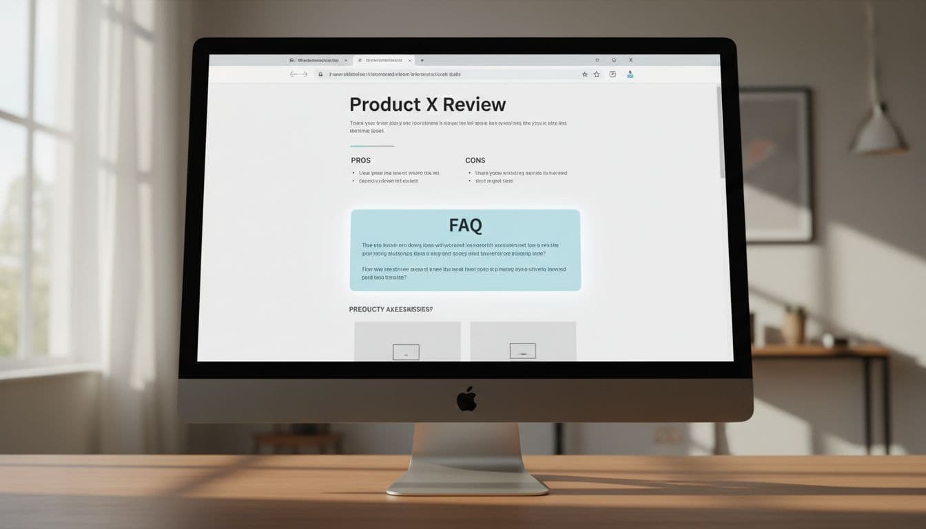 Computer screen displaying a product review blog post with FAQ section highlighted mid-page after pros/cons list, featuring clean modern design and natural indoor lighting.