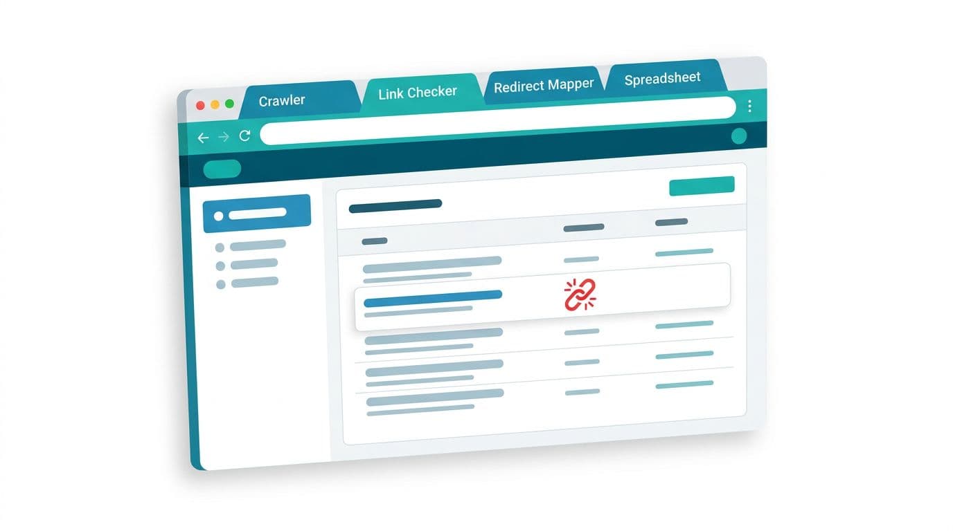 Clean modern flat vector illustration of a desktop workspace with open browser tabs titled 'Crawler', 'Link Checker', 'Redirect Mapper', and 'Spreadsheet'. One tab highlights a broken red chain-link icon on a link list, featuring teal and blue accents on a white background.