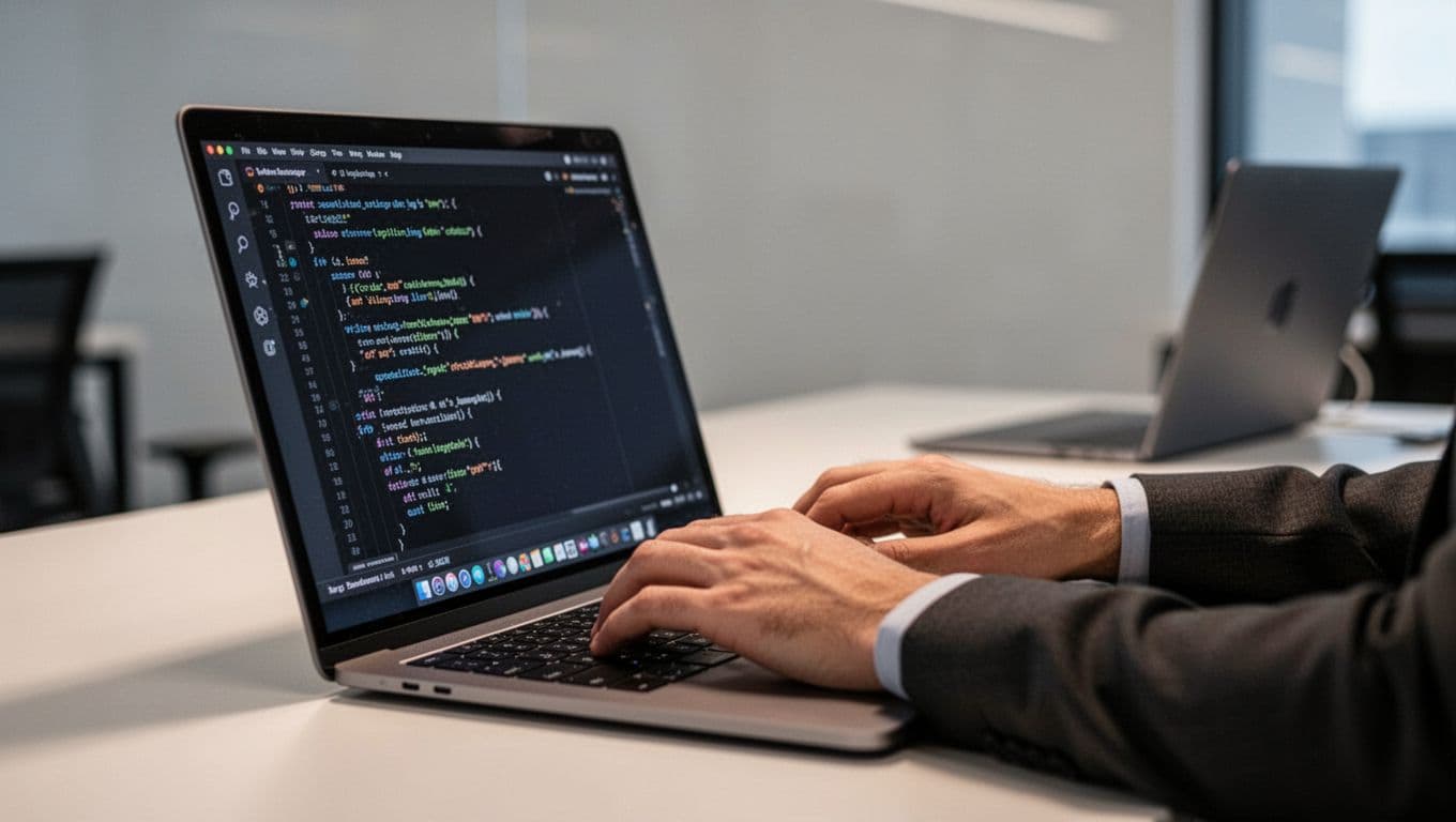 Developer typing JSON-LD code for schema markup on a code editor screen in dark mode theme, with hands relaxed on keyboard, single laptop in modern office, soft lighting, realistic style, exactly one person.