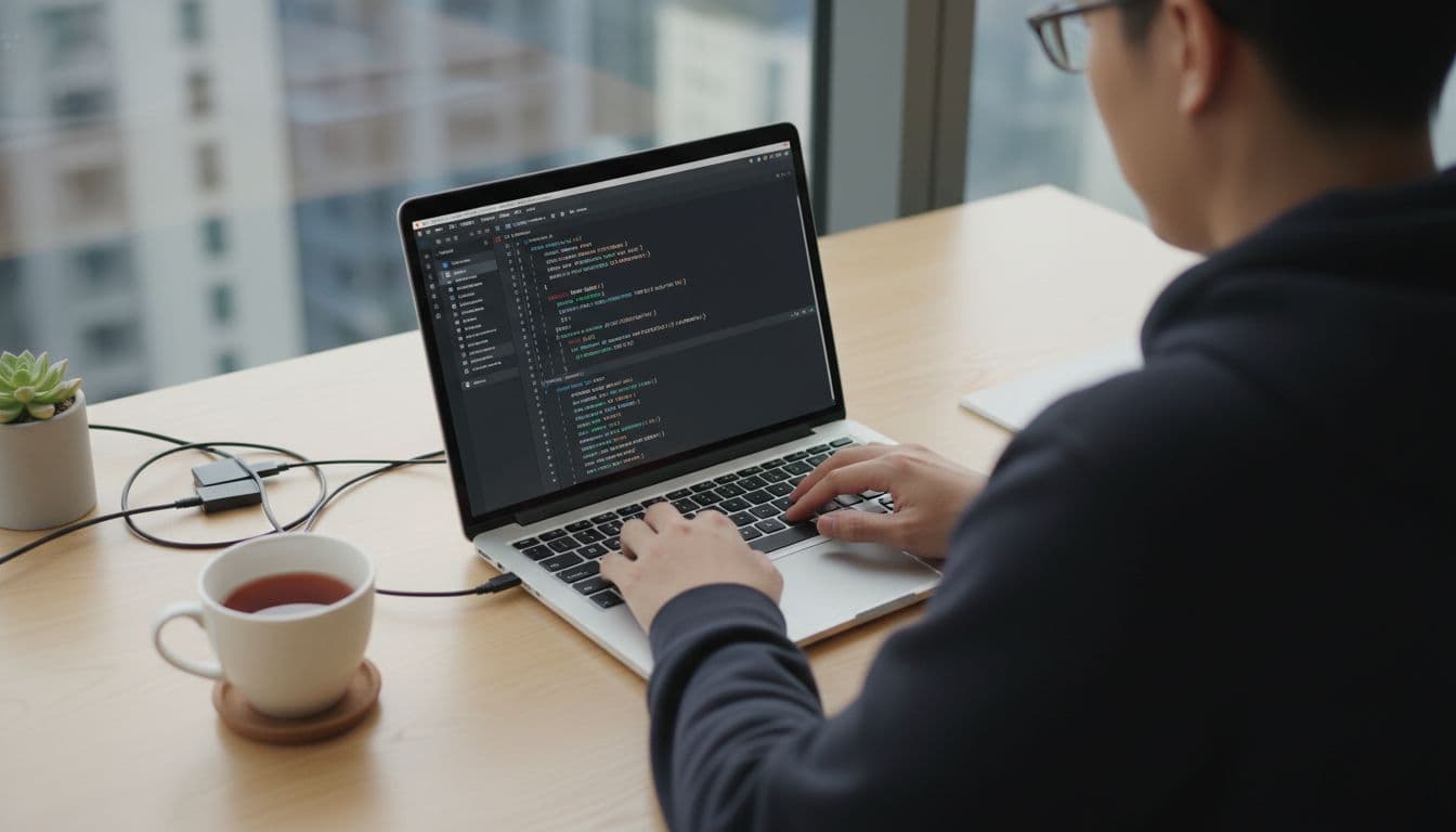 Top-down view of a modern developer's desk with a laptop open to a code editor showing JSON-LD schema markup, coffee mug nearby, bright window light, and one developer partially visible from behind with relaxed hands on keyboard.