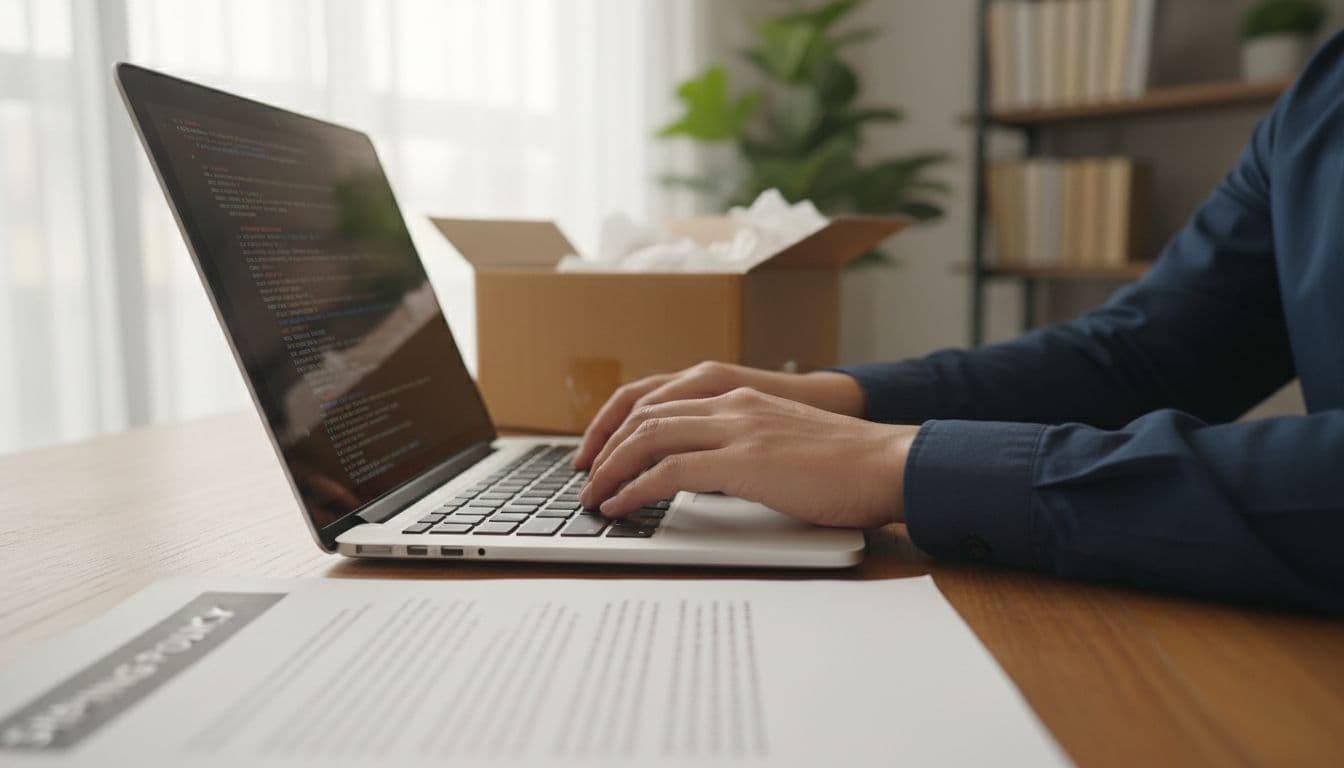 Hands typing on laptop keyboard beside shipping box and policy document on wooden desk.