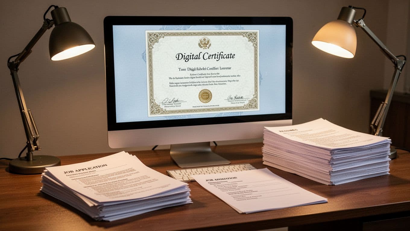 Close-up of a digital certificate on a computer screen featuring a verification badge icon, positioned beside a stack of resumes and a job application form on a professional office desk under warm lamp lighting.