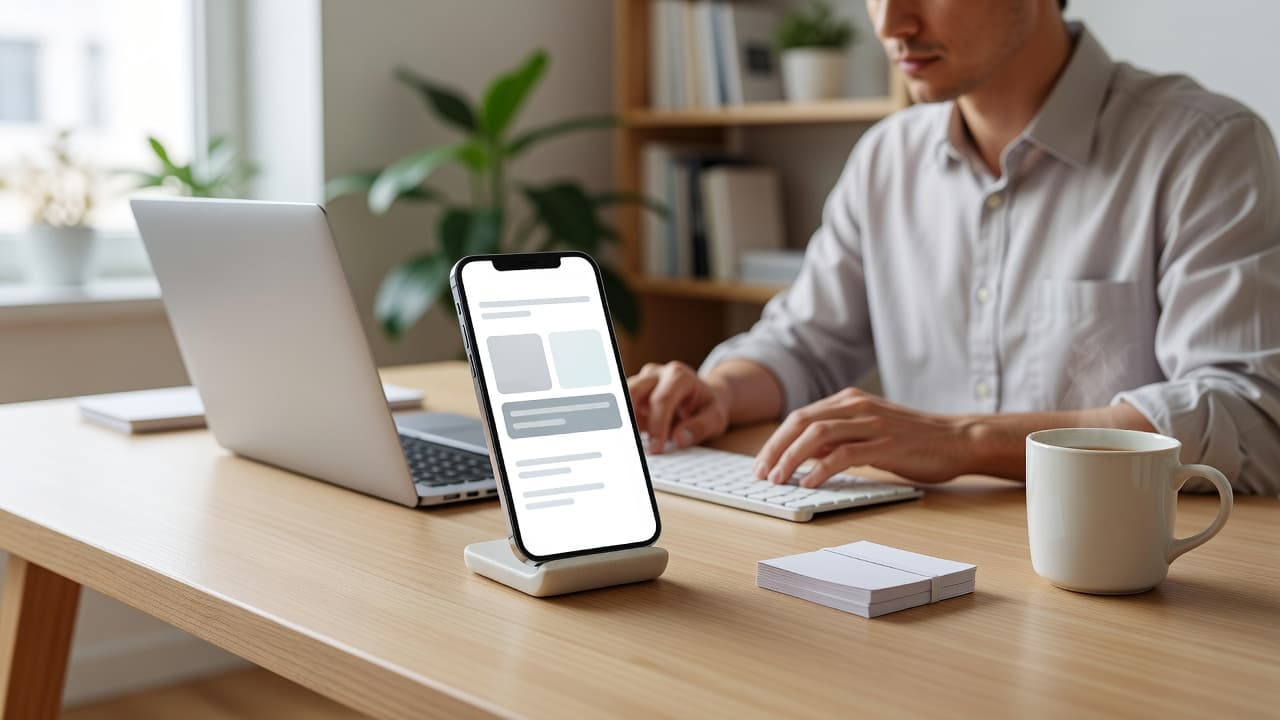 A student works at a tidy desk with a smartphone displaying a minimalist flashcard app. Warm natural sunlight illuminates the surface, creating a calm and professional environment for serious language learning.