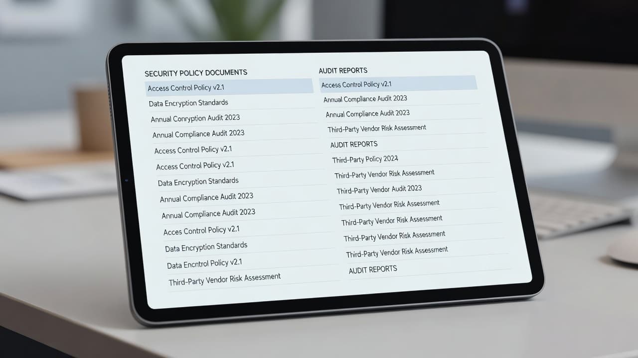 A sleek digital tablet displays a neatly organized grid of security policy files and audit documents. Soft ambient light illuminates the professional screen interface against a minimalist, blurred office backdrop.