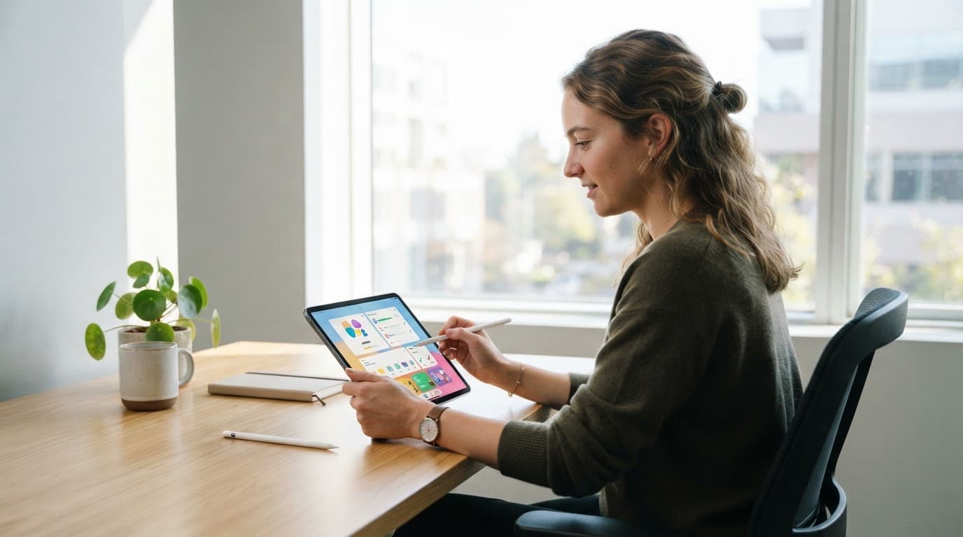 A person at a bright wooden desk reviewing digital flashcards on a tablet.