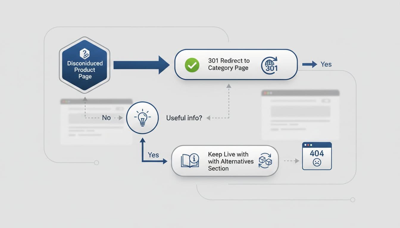 Professional decision tree diagram for B2B SEO/UX strategies on discontinued product pages in 2026, branching from traffic/backlinks to 301 redirect, useful info to keep live, or 404, with icons in neutral blue-gray palette.