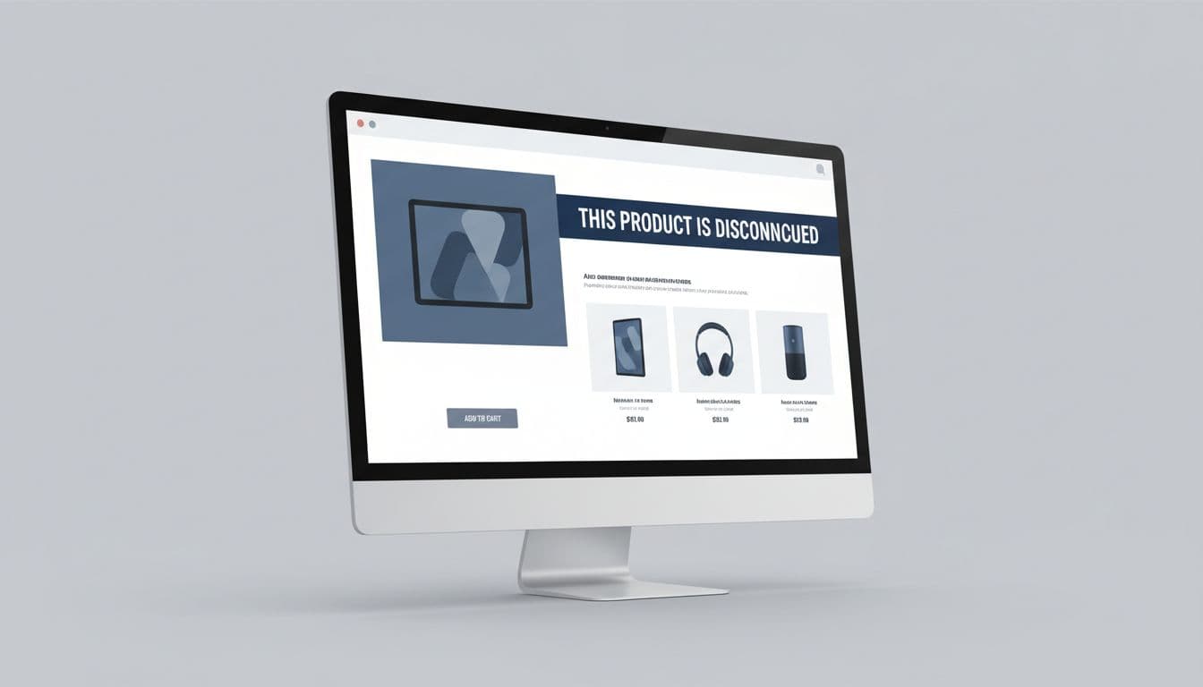 Clean e-commerce desktop mockup of a discontinued product page featuring a bold banner, suggested replacements with images and prices, and a disabled add-to-cart button in neutral blues and grays.