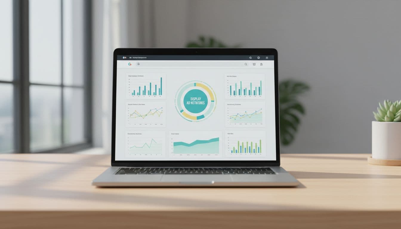 A clean website dashboard on a laptop screen showing ad revenue stats from display networks, centered on a wooden desk with natural daylight lighting, realistic style with focus on the screen.