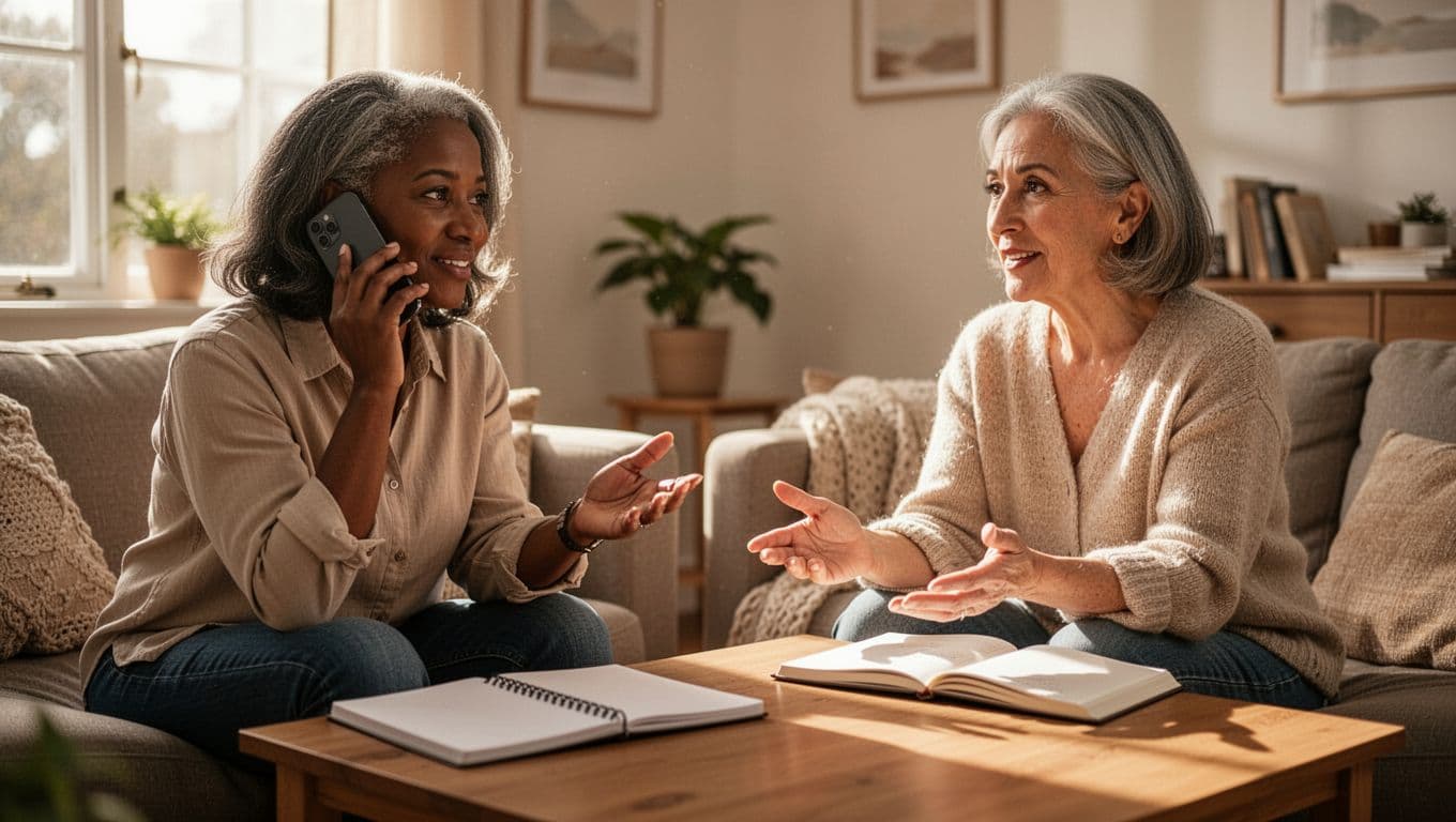Two intermediate-aged adults of diverse ethnicities video call on smartphones in cozy home settings, one speaking with an open notebook nearby, using natural gestures in warm afternoon lighting.