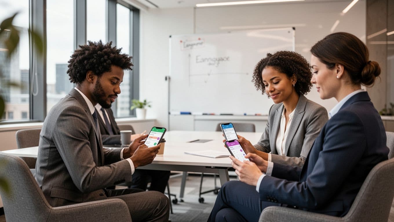 Three diverse corporate team members in a modern meeting room collaboratively use mobile apps on their phones for English lessons during a break, with a whiteboard and soft natural light.