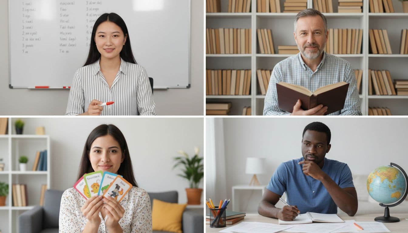 A realistic photo composite of four diverse online language tutors in separate webcam views from their professional home setups: a young Asian female with a whiteboard, middle-aged European male with books, Latin American woman with flashcards, and African man with notes, all showing friendly focused expressions under bright even lighting.