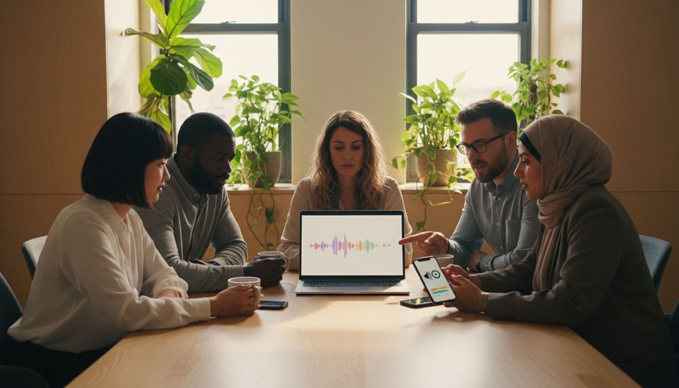 A diverse group of five adults representing Asian, Black, Hispanic, White, and Middle Eastern backgrounds, ages 20-50, three women and two men, collaborate around a conference table reviewing audio waveforms and speaker icons on a laptop and mobile app in a modern office with plants and warm natural lighting.