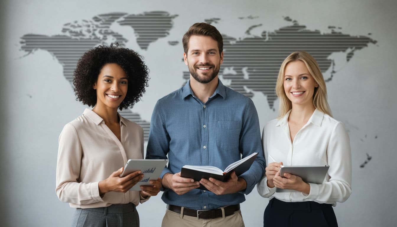 Three mid-30s professionals, two women and one man, smiling confidently in a modern office, each holding a tablet or notebook against a subtle world map background, symbolizing expertise and credibility.