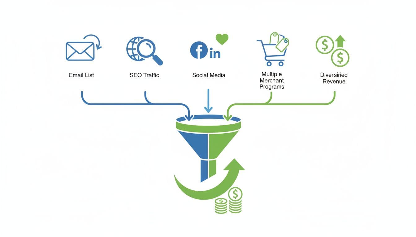 Five flat icons for email list, SEO traffic, social media, and two merchant programs flow into a central revenue funnel.