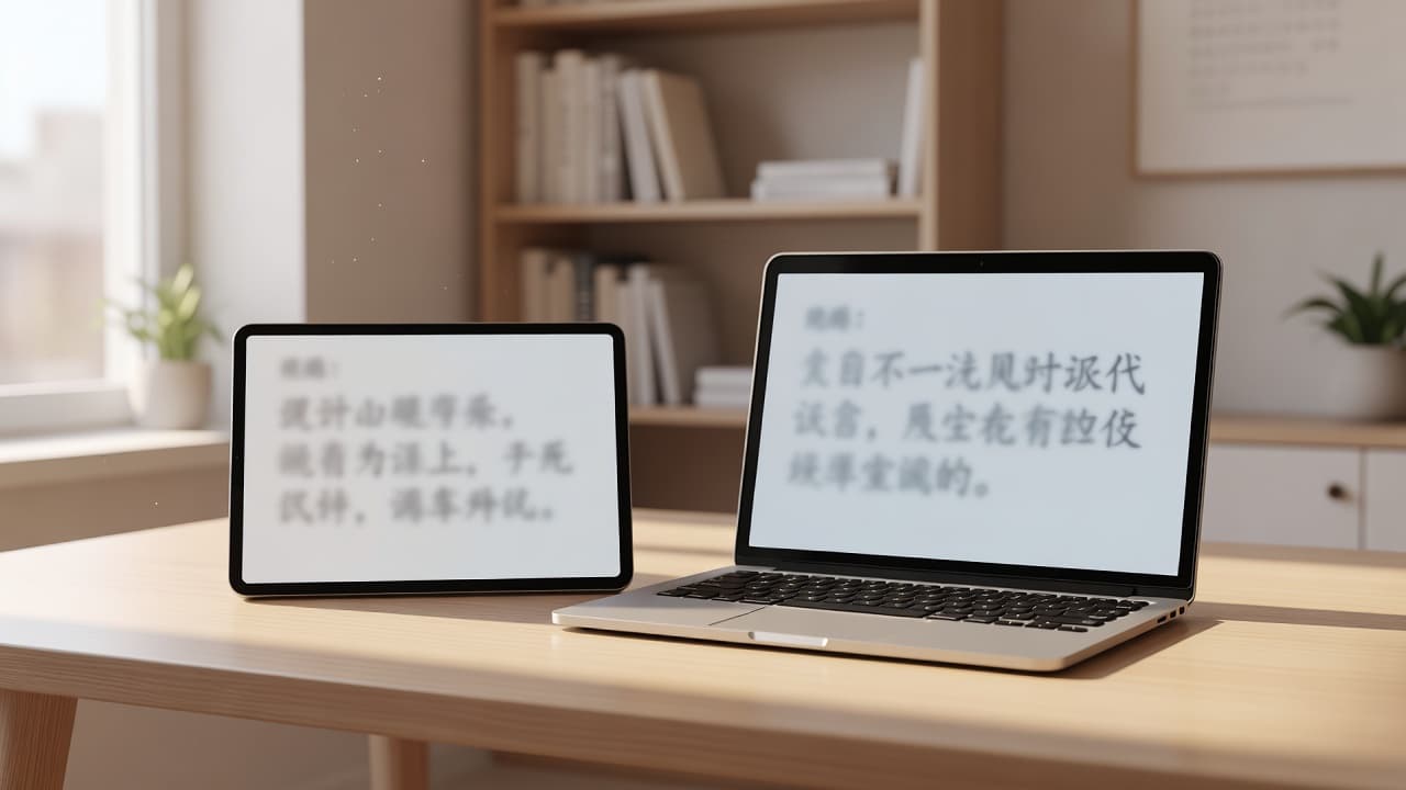 Du Chinese vs Mandarin Bean: Which Reader Fits in 2026? 2 A laptop and tablet sit on a bright desk to compare language learning applications.