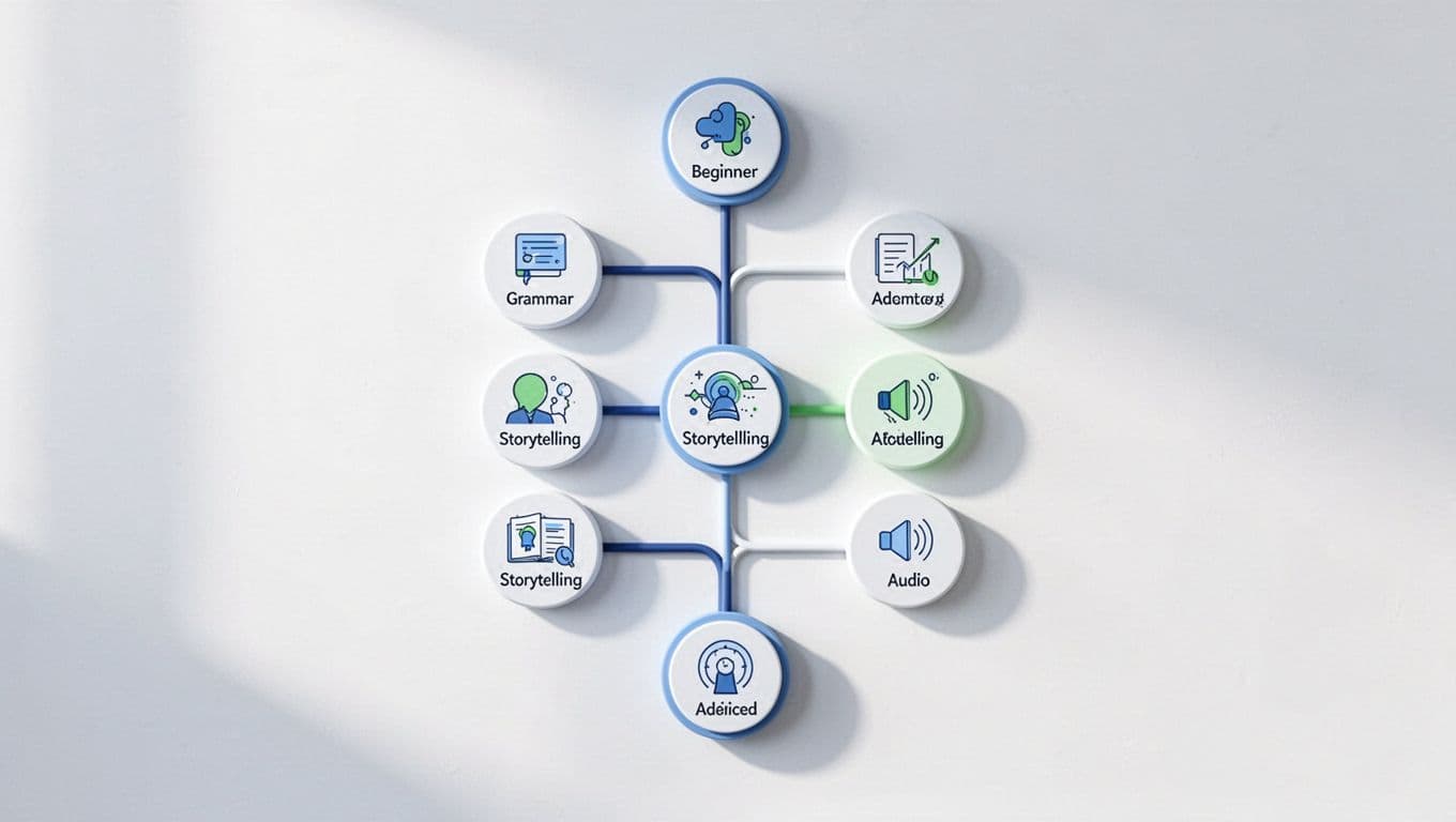 Visual representation of Duolingo's skill tree progress from beginner to advanced levels, with icons for grammar, stories, and podcasts in a clean modern graphic style using soft blue and green colors on a white background.