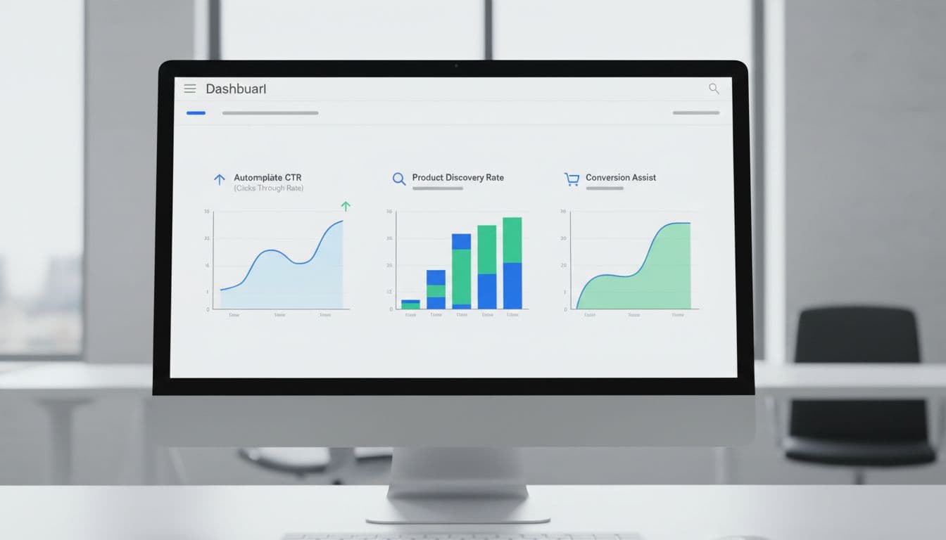 Dashboard interface on a desktop monitor displaying ecommerce search metrics charts for autocomplete CTR, product discovery rate, and conversion assist using simple graphs in blue and green tones with modern flat design. Set in a well-lit room with one centered monitor in landscape view, no readable text, numbers, people, hands, logos, or watermarks.