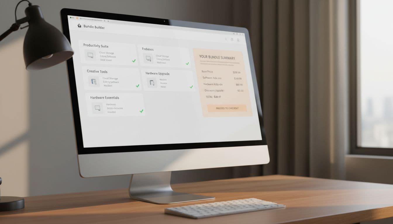 Side view of a desktop computer screen displaying an e-commerce bundle builder page with a transparent pricing summary sidebar, grouped products with checkmarks, and a clean professional layout under warm office lighting.