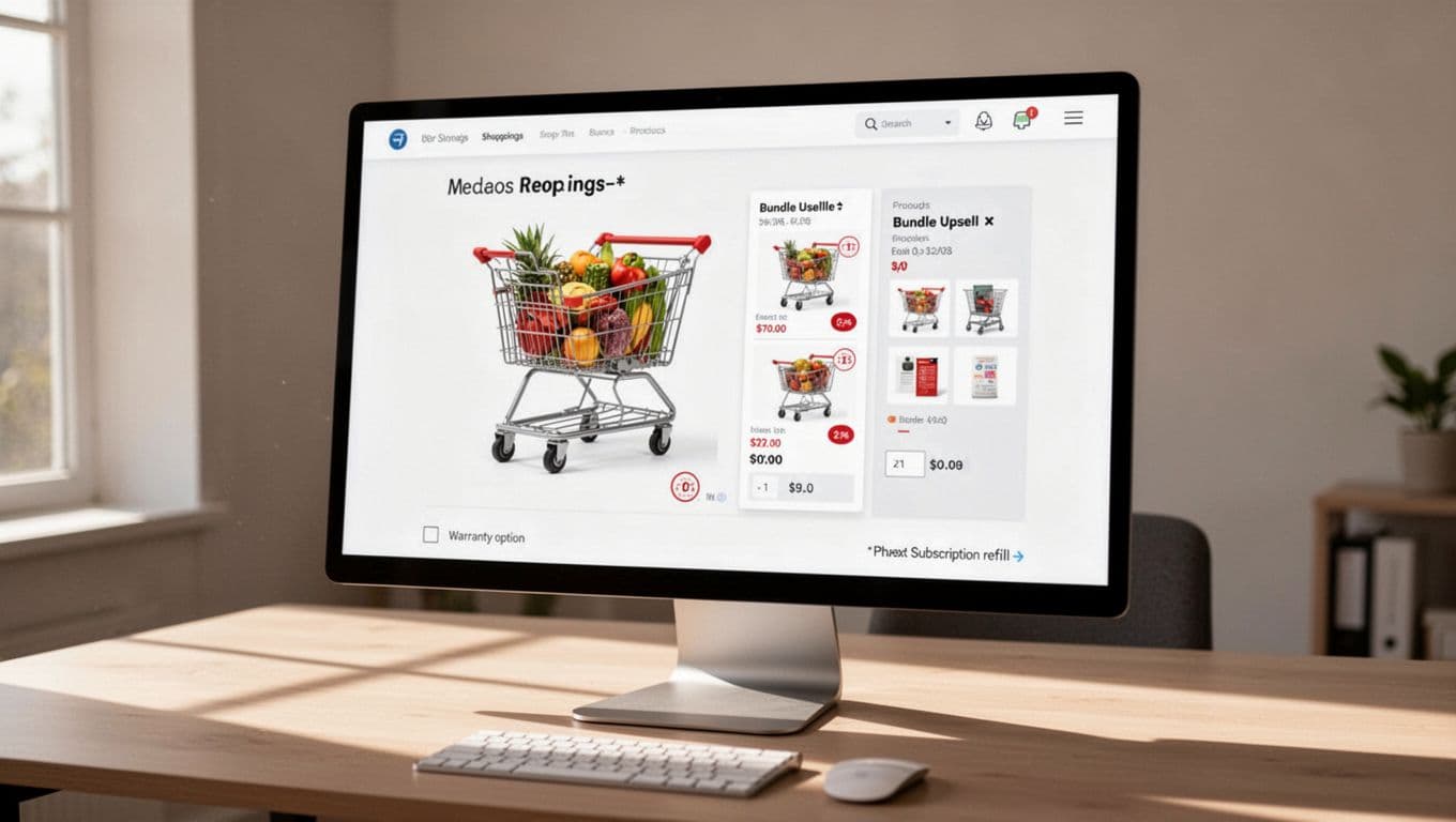 Desktop monitor displaying an e-commerce cart page with bundle upsell next to main products, grouped items showing savings badges, warranty add-on checkbox, replenishment subscription nudge, in a simple modern UI under soft natural light.