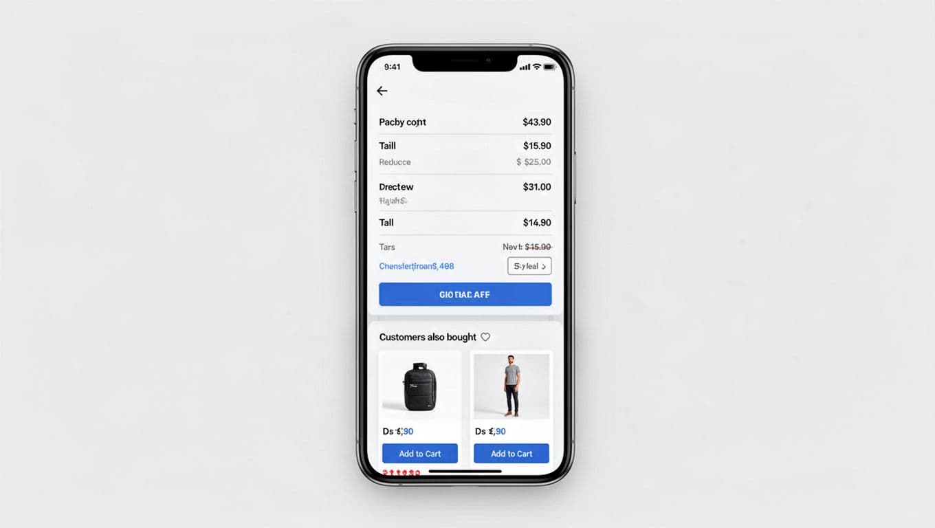 Clean professional UI/UX illustration of an e-commerce cart drawer with unobtrusive cross-sell module at the bottom, featuring two product thumbnails, 'customers also bought' indicator, and add-to-cart buttons, integrated above checkout CTA in mobile landscape view on a phone screen.