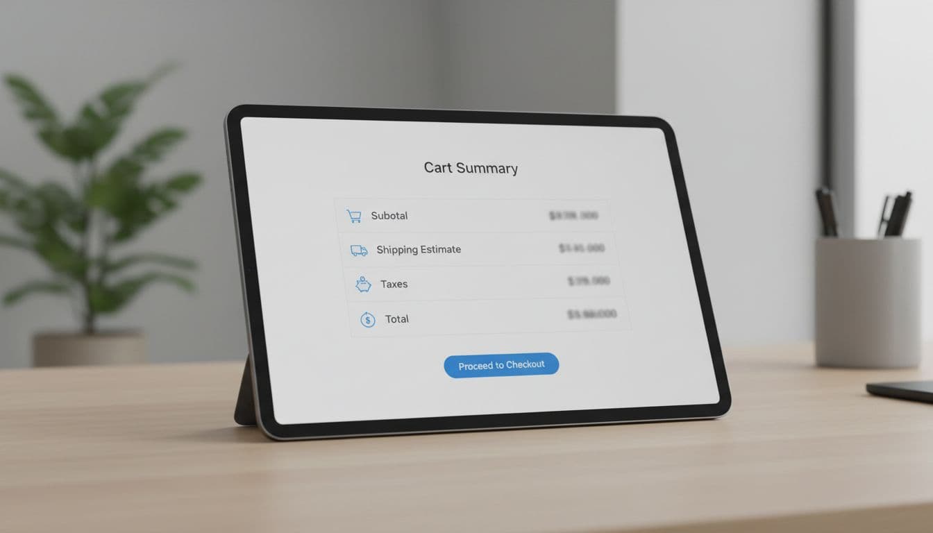 Close-up of e-commerce cart summary on tablet screen showing detailed price breakdown table with subtotal, shipping estimate, taxes, and total using icons, neutral desk background, realistic style.