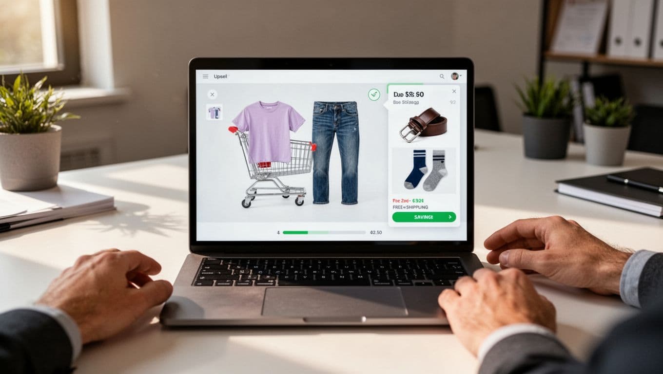 Laptop screen in a clean office desk setting shows a modern shopping cart with t-shirt and jeans, subtle upsell drawer for belt and socks, and free shipping progress bar near threshold.