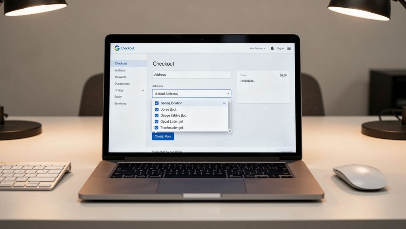 Clean desktop ecommerce checkout form showing active address autocomplete dropdown with verified address options after partial input, professional UI in neutral office setting with keyboard and mouse, realistic style, no people or readable text.